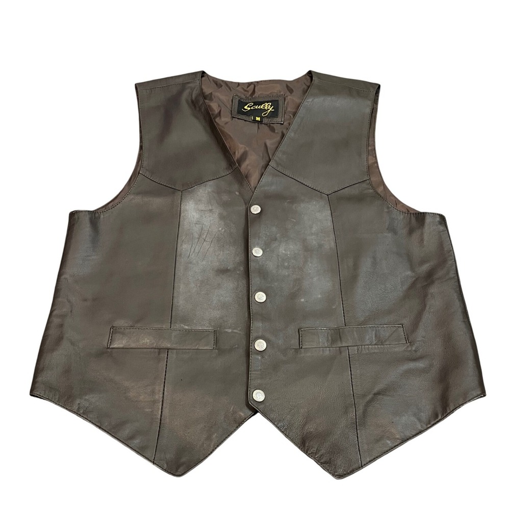 Scully Leather Vest Mens M Brown Western V-Neck Button Front Vented Back